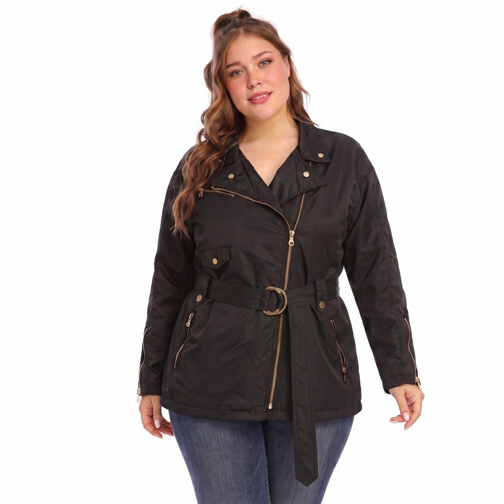 Andrew Marc Women's Black Belted Moto Jacket Gold Hardware‎ Nylon Size L NWT